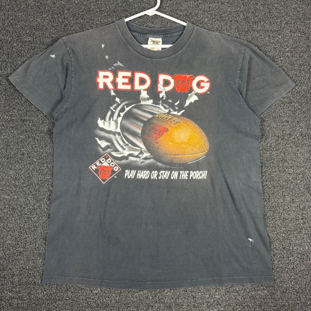 1995 Red Dog Beer Football Single Stitch Tee XL "Play Hard or Stay on the Porch"